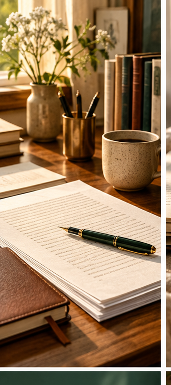 Manuscript and fountain pen on a writer's desk